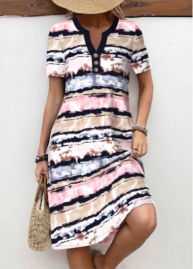 Multi Color dresses,Striped dresses,Geometric dresses,Everyday dresses,Casual dresses,ROTITA Button Striped Multi Color A Line Split Neck Dress