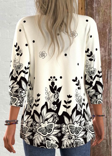 Black tops,Floral tops,Plants tops,Animal Print tops,ROTITA Patchwork Floral Print Black 3/4 Sleeve Light Cardigan