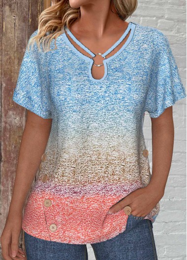 Blue tops,Ombre tops,ROTITA Patchwork Ombre Blue Lace Up Collar T Shirt
