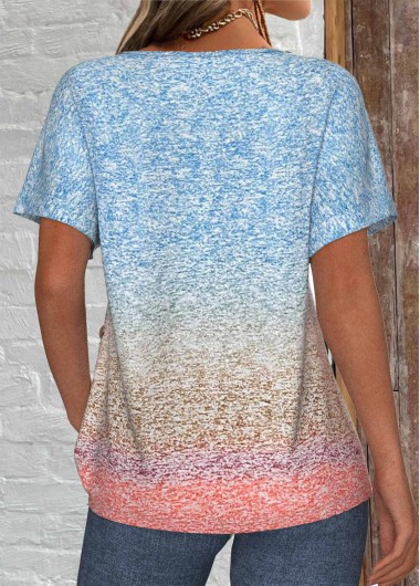 Blue tops,Ombre tops,ROTITA Patchwork Ombre Blue Lace Up Collar T Shirt