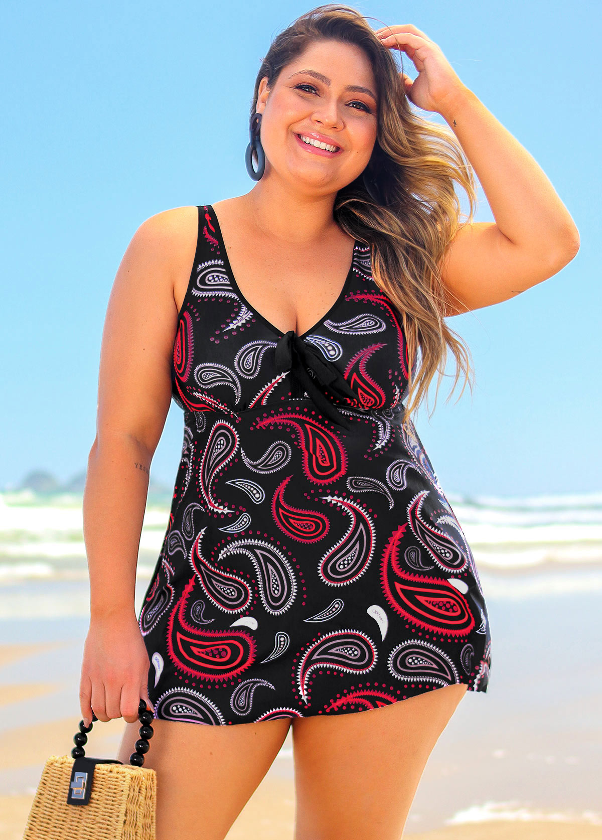 Black plus size,Paisley plus size,ROTITA Cross Strap Paisley Print Black Plus Size Swimdress Top