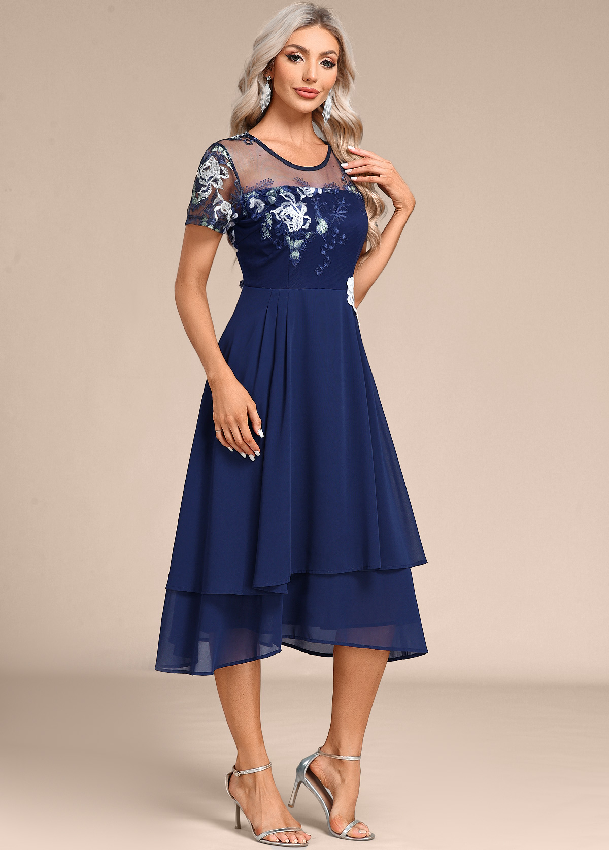 ROTITA Embroidery Navy Round Neck Short Sleeve Dress | Rotita.com - USD ...