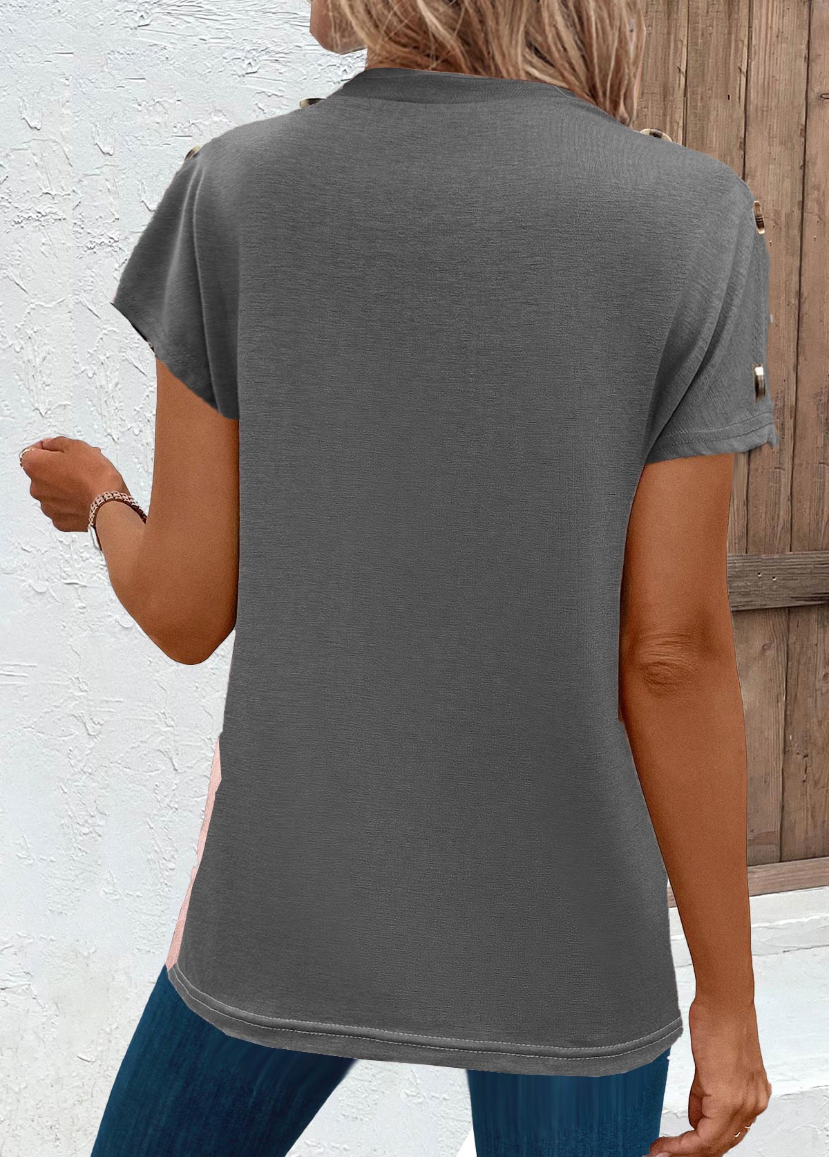 Pink tops,Grey tops,Leopard tops,Animal Print tops,Button Leopard Pink Round Neck Short Sleeve T Shirt