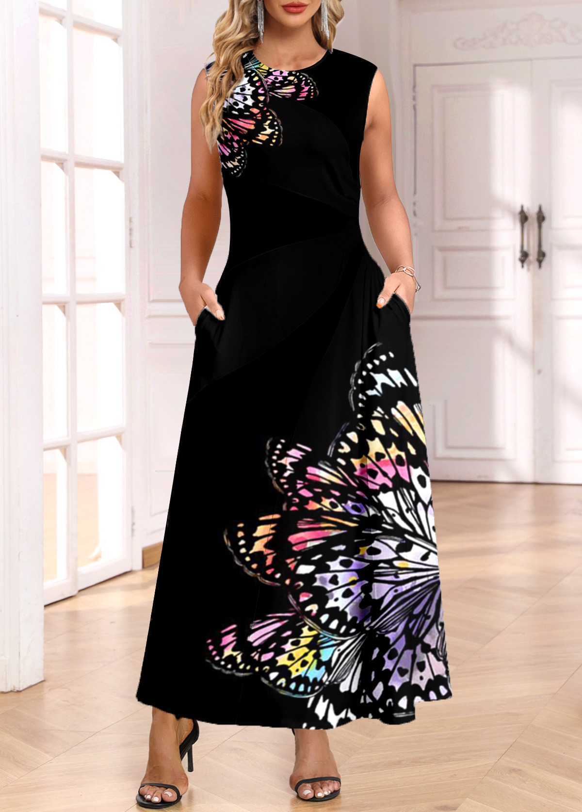 Black dresses,Animal Print dresses,Everyday dresses,Casual dresses,ROTITA Pocket Butterfly Print Black Maxi Round Neck Shift Dress