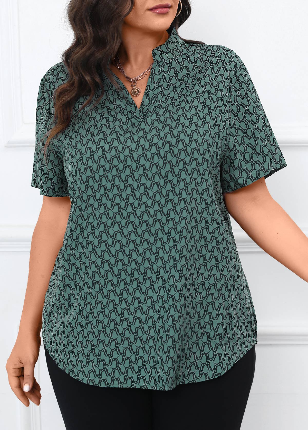 Turquoise plus size,Geometric plus size,Split Geometric Print Turquoise Short Sleeve Blouse