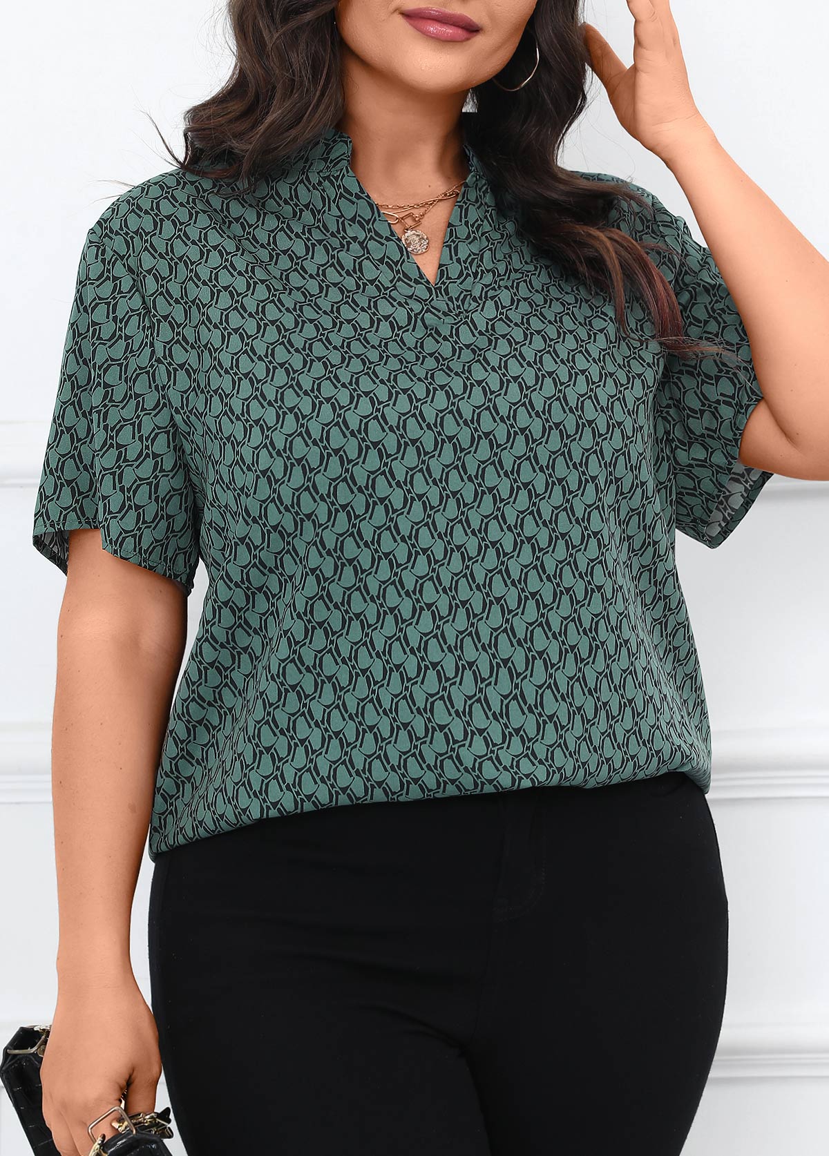Turquoise plus size,Geometric plus size,Split Geometric Print Turquoise Short Sleeve Blouse
