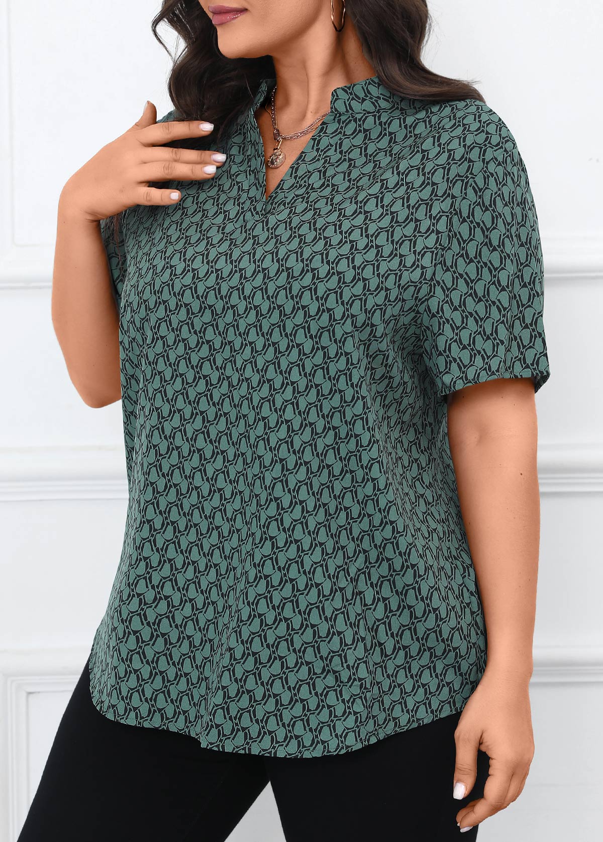 Turquoise plus size,Geometric plus size,Split Geometric Print Turquoise Short Sleeve Blouse