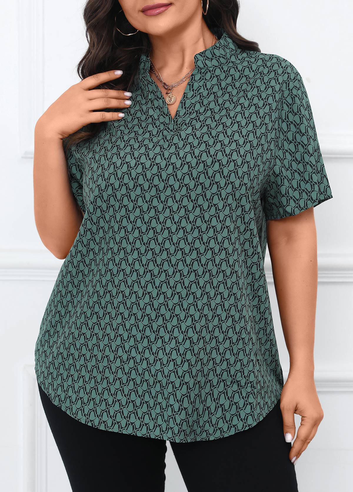 Turquoise plus size,Geometric plus size,Split Geometric Print Turquoise Short Sleeve Blouse