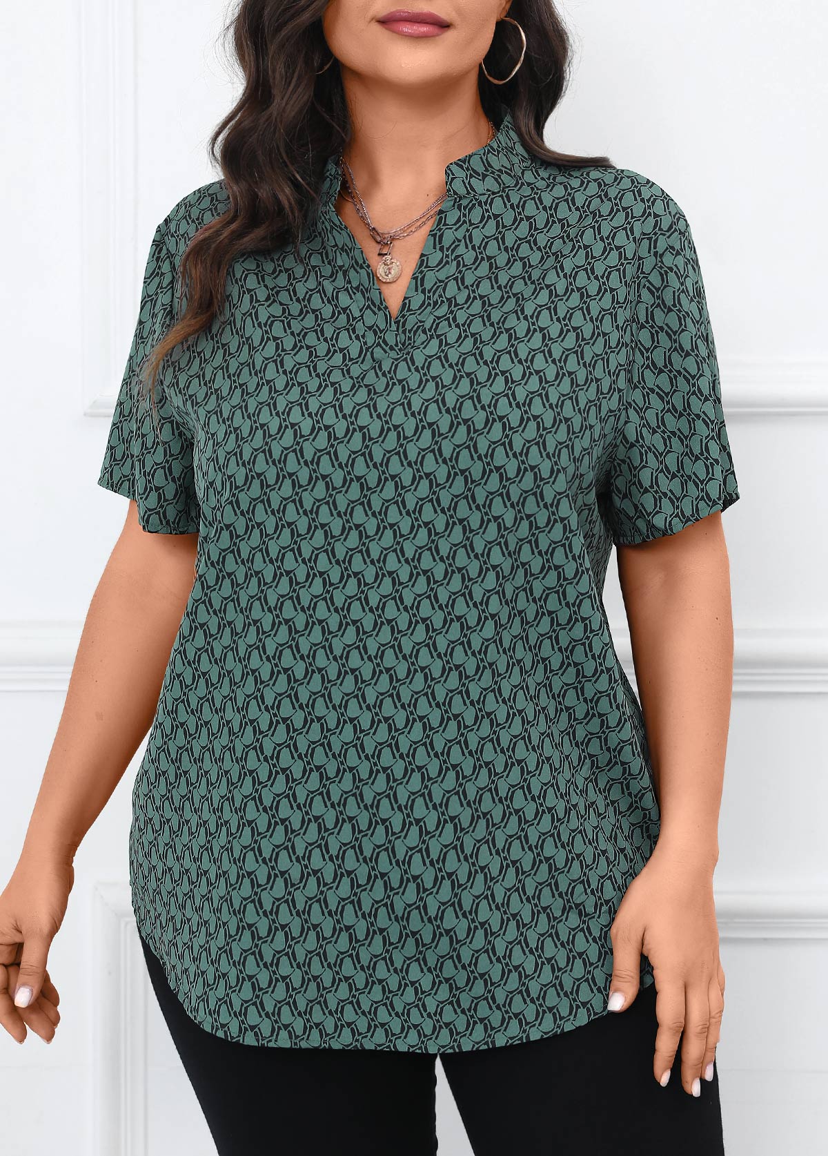 Turquoise plus size,Geometric plus size,Split Geometric Print Turquoise Short Sleeve Blouse