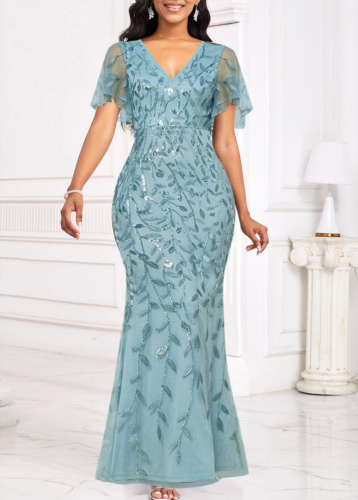 Light Blue dresses,Plain Color dresses,Party dresses,Elegant dresses,ROTITA Sequin Light Blue V Neck Bodycon Maxi Dress