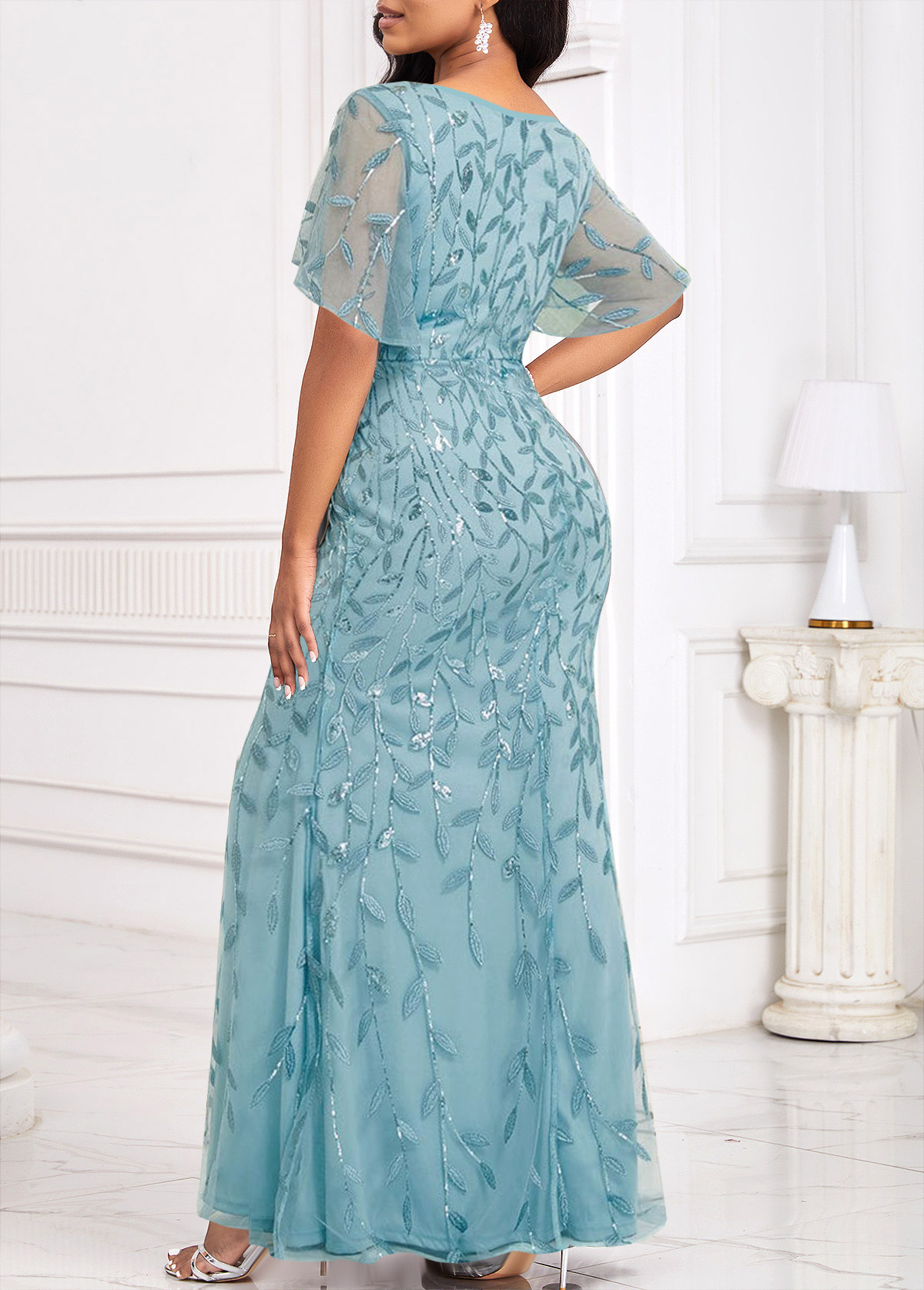 Light Blue dresses,Plain Color dresses,Party dresses,Elegant dresses,ROTITA Sequin Light Blue V Neck Bodycon Maxi Dress