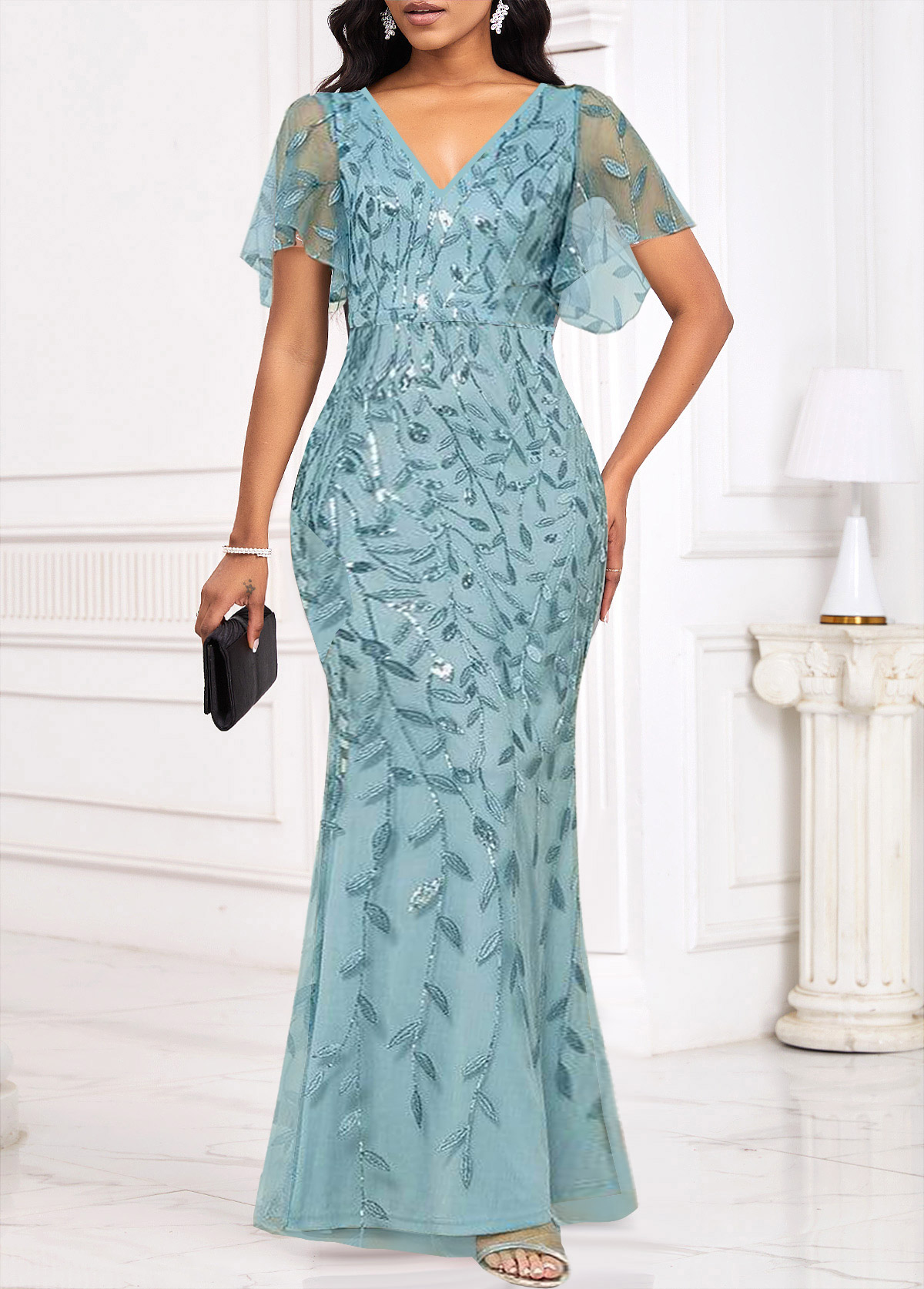Light Blue dresses,Plain Color dresses,Party dresses,Elegant dresses,ROTITA Sequin Light Blue V Neck Bodycon Maxi Dress