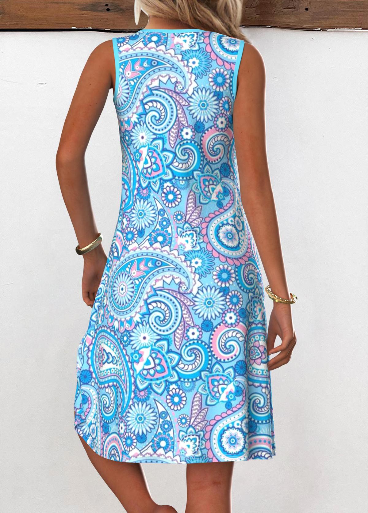 Light Blue dresses,Paisley dresses,Everyday dresses,Casual dresses,ROTITA Eyelet Tribal Print Light Blue A Line Sleeveless Dress