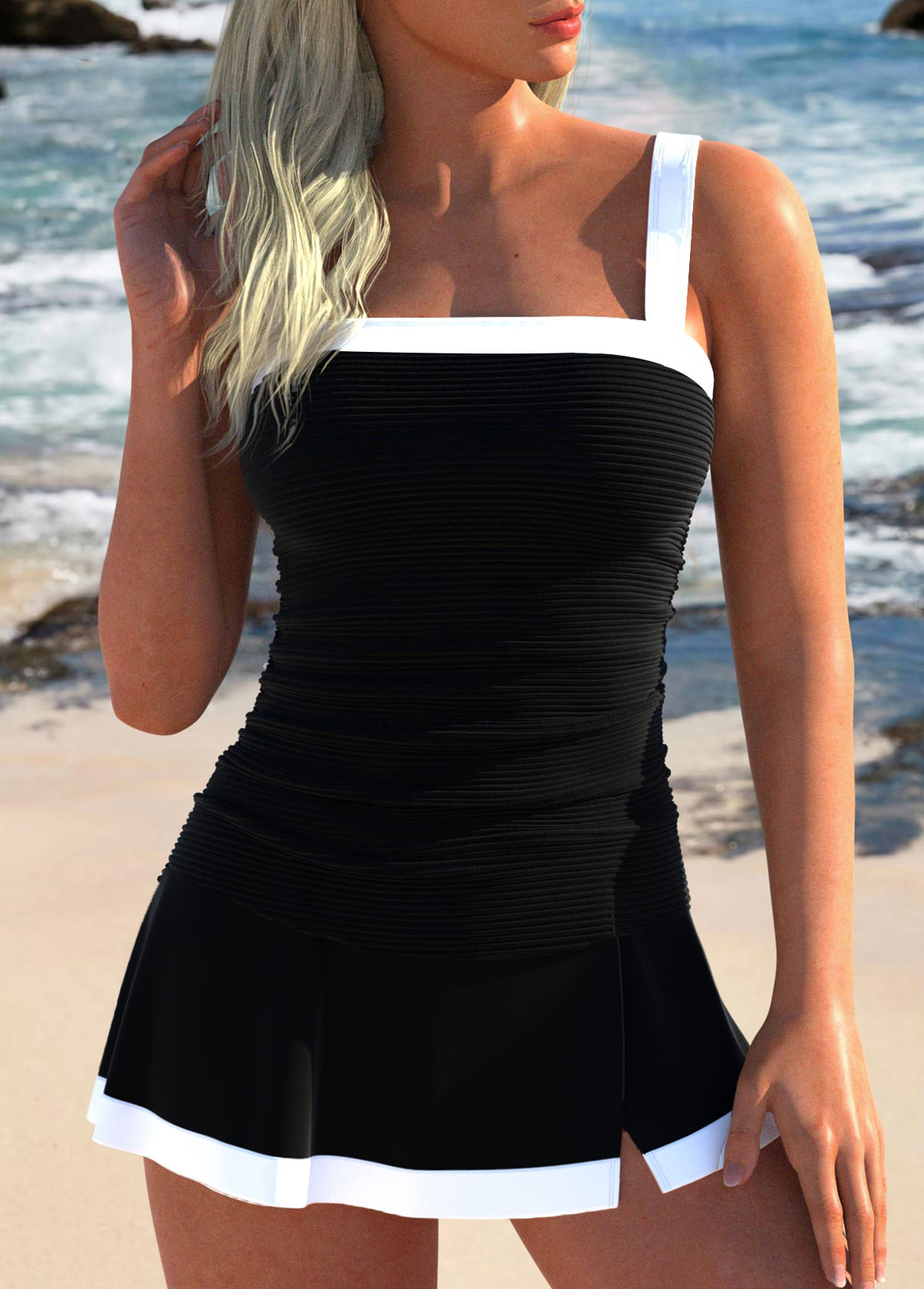 Black swimwear,Contrast Color swimwear,ROTITA Contrast Binding Black Patchwork Tankini Set