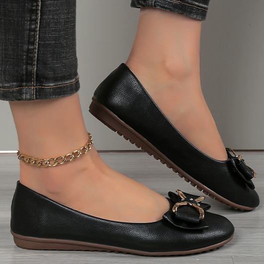 Black shoes,Plain Color shoes,Black Bowknot Design Falt Round Toe Flats