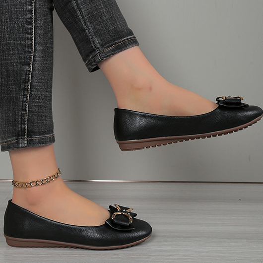 Black shoes,Plain Color shoes,Black Bowknot Design Falt Round Toe Flats