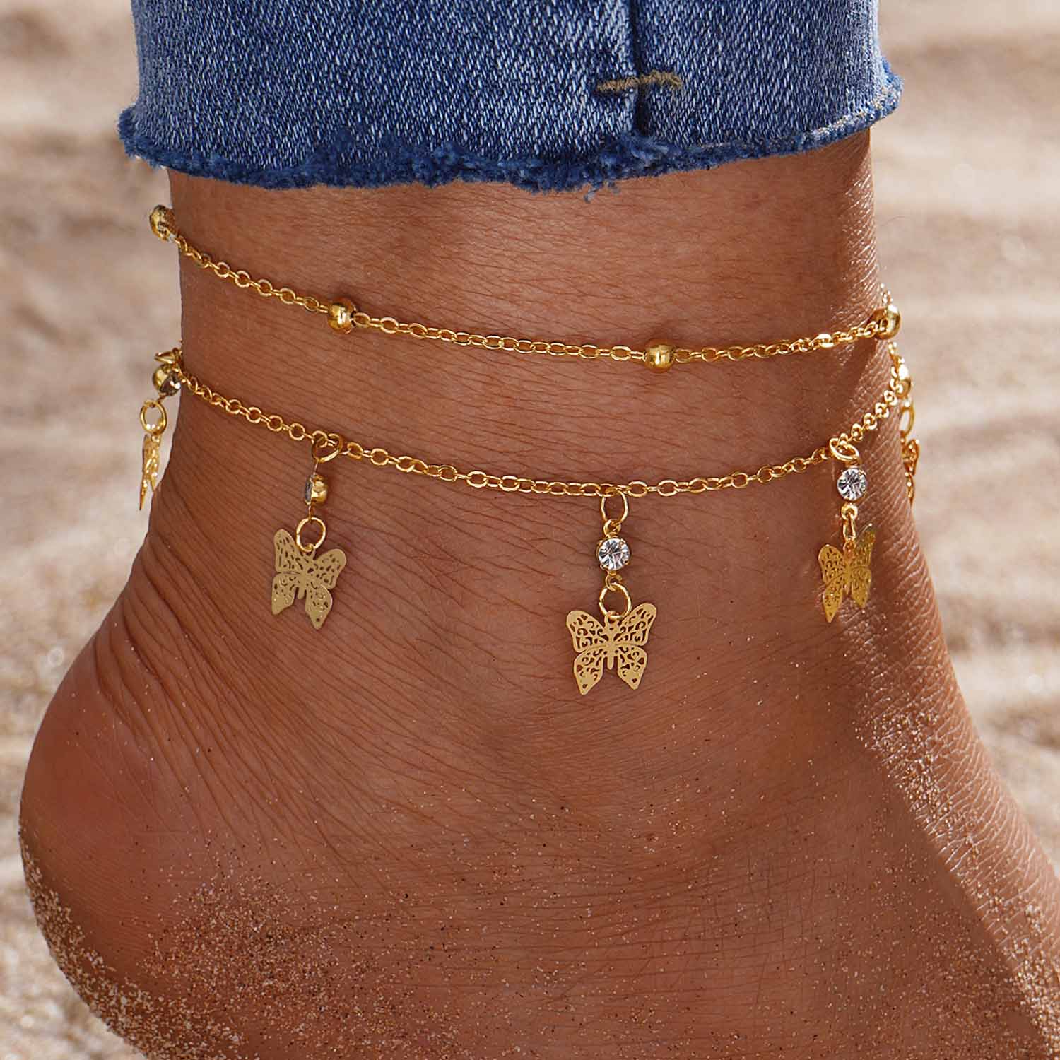 Gold jewelry,Animal Print jewelry,Butterfly Hollow Gold Alloy Anklet Set