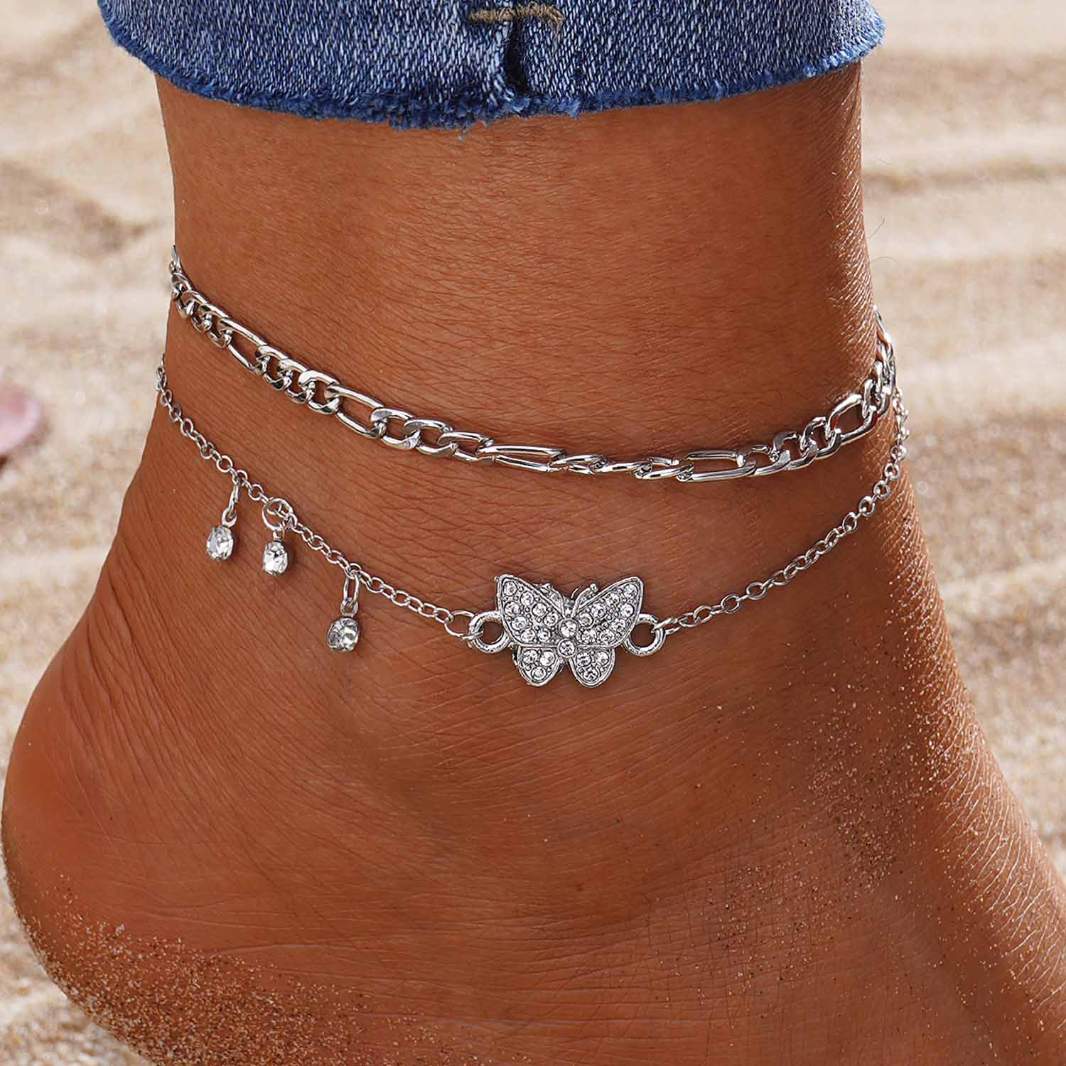 Silvery White jewelry,Butterfly Silvery White Alloy Detail Anklets