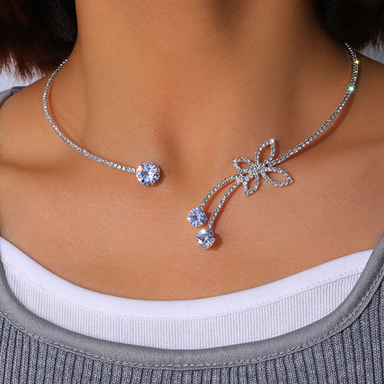 Silvery White jewelry,Butterfly Rhinestone Silvery White Alloy Necklace
