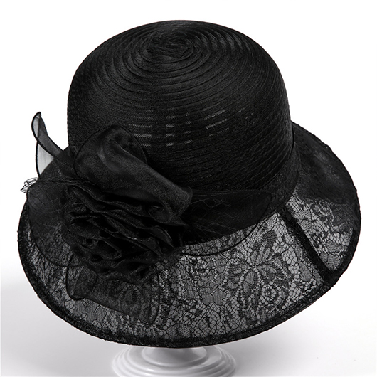 Black accessories,Plain Color accessories,Lace Stitching Black Floral Bucket Hat