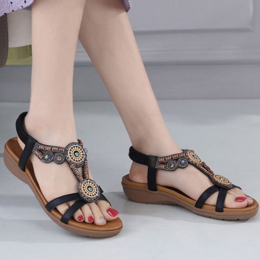 Black shoes,Tribal shoes,Tribal Print Black Falt Open Toe Scandals