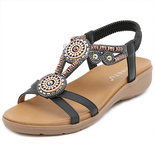 Black shoes,Tribal shoes,Tribal Print Black Falt Open Toe Scandals