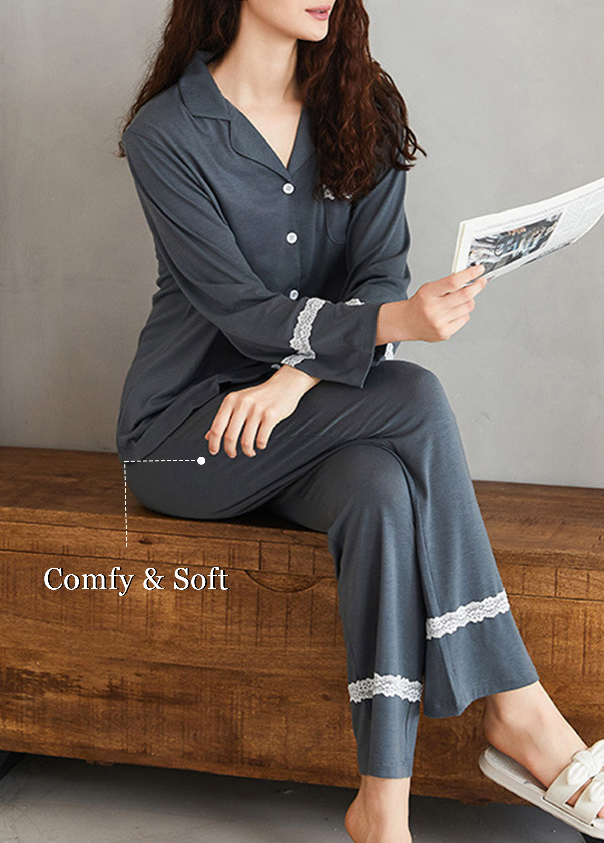 Dark Grey loungewear,Contrast Color loungewear,Dark Grey Shirt Collar Lounge Top and Pants