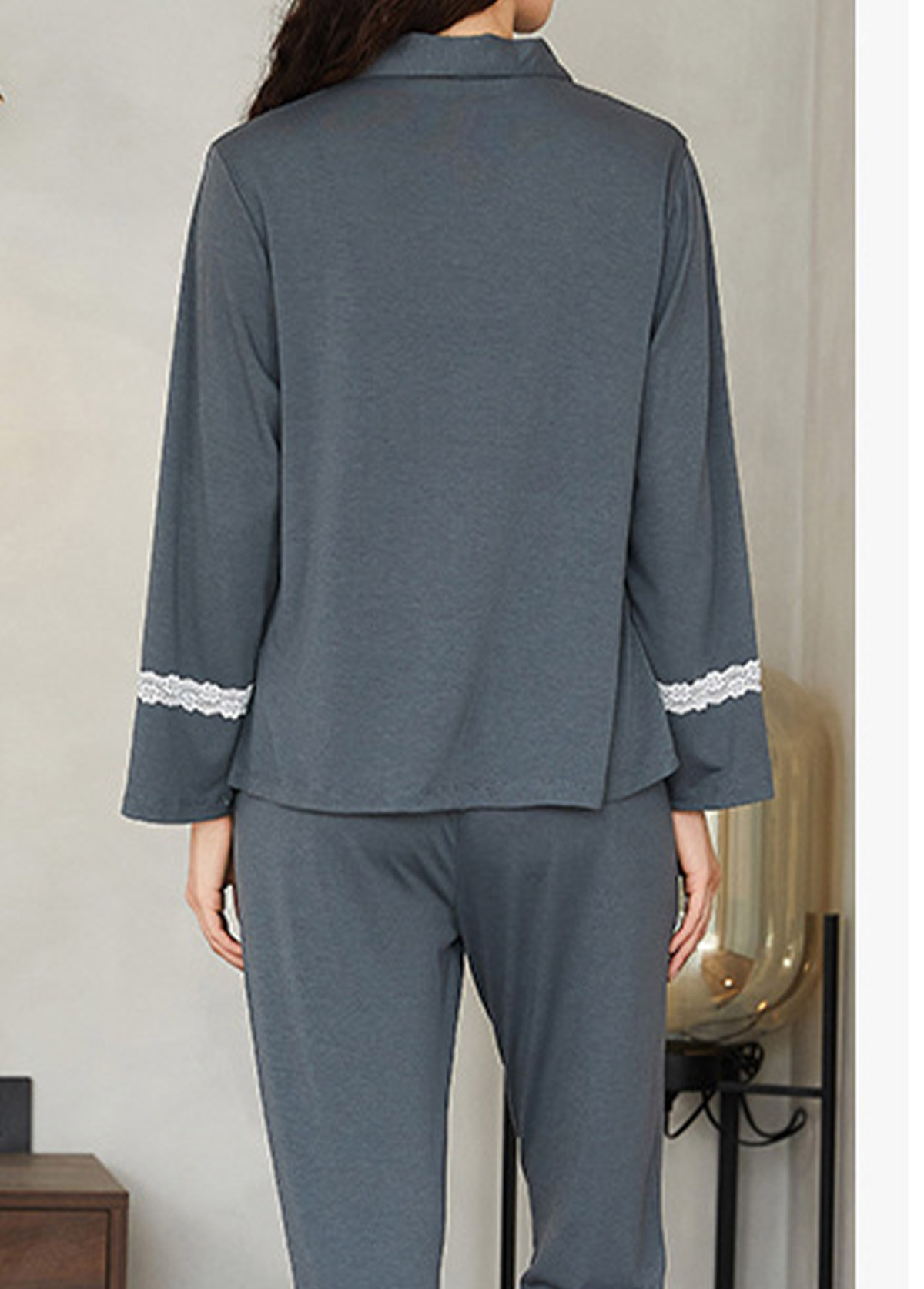 Dark Grey loungewear,Contrast Color loungewear,Dark Grey Shirt Collar Lounge Top and Pants
