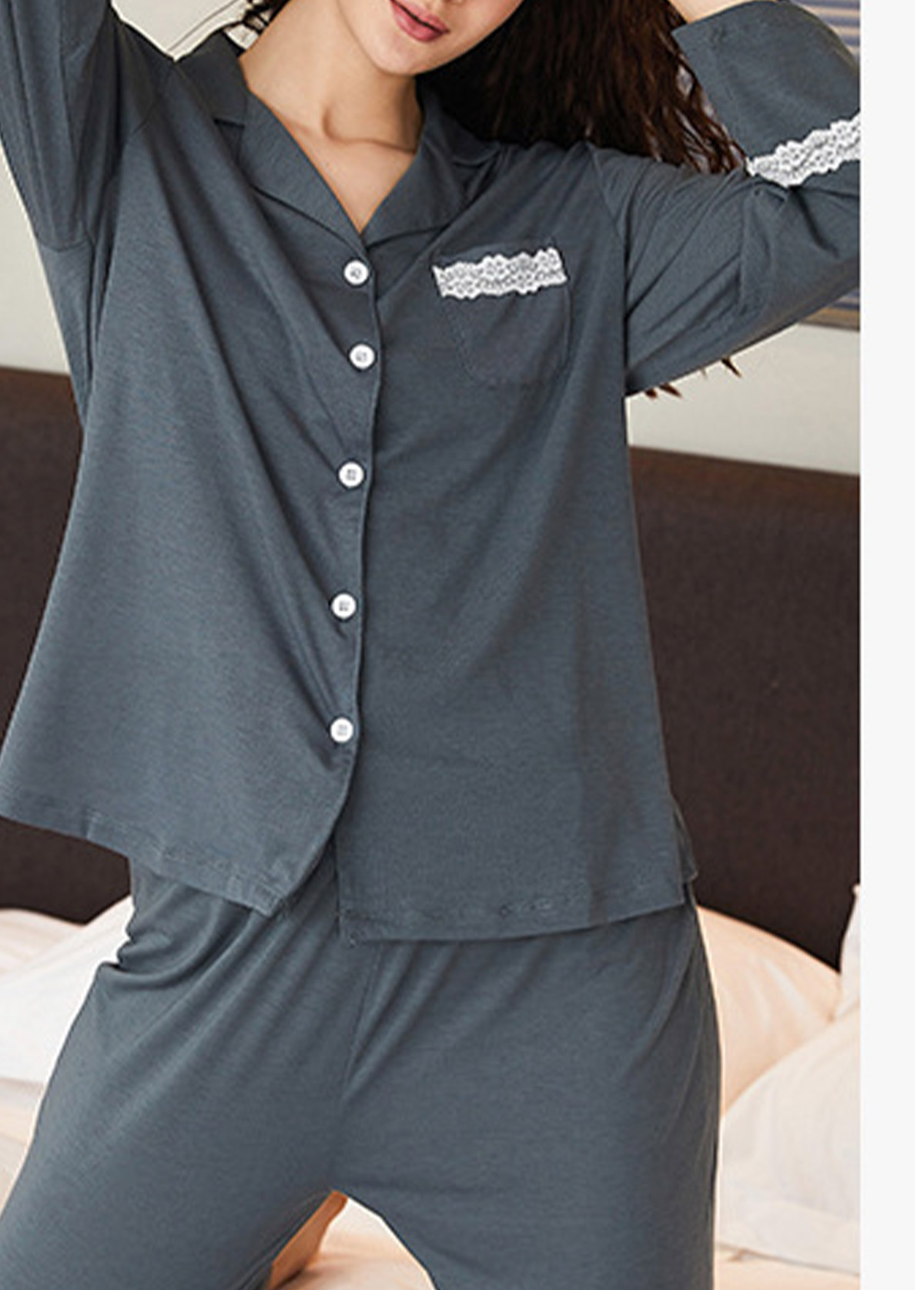 Dark Grey loungewear,Contrast Color loungewear,Dark Grey Shirt Collar Lounge Top and Pants