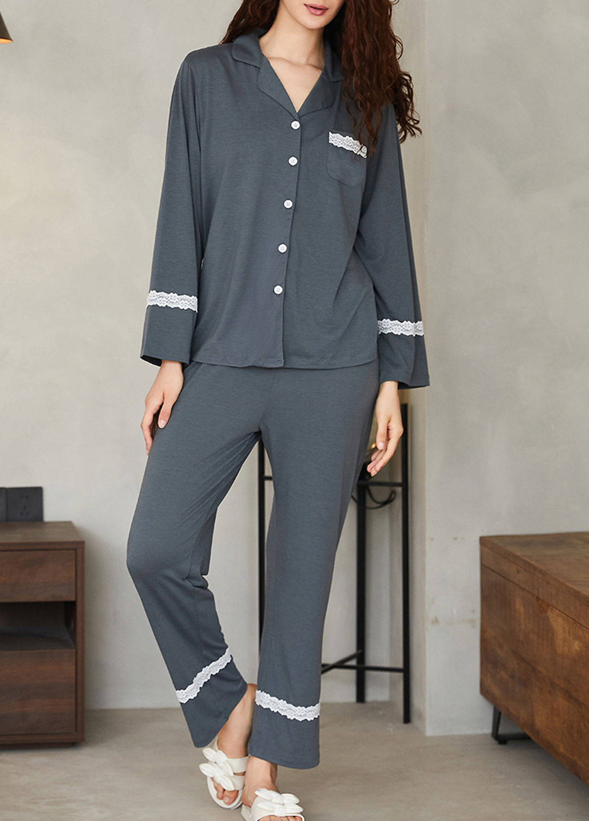 Dark Grey loungewear,Contrast Color loungewear,Dark Grey Shirt Collar Lounge Top and Pants