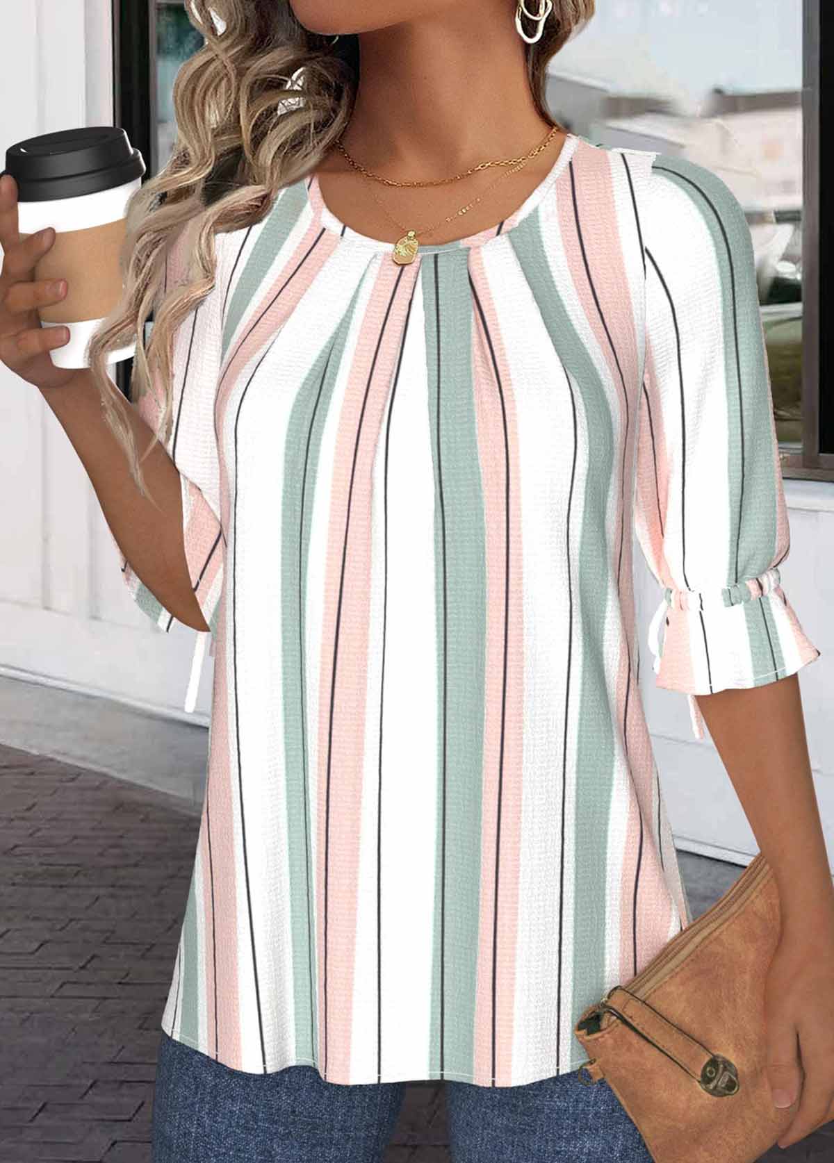 White tops,Light Pink tops,Striped tops,Geometric tops,ROTITA Drawstring Striped White Round Neck Half Sleeve Blouse