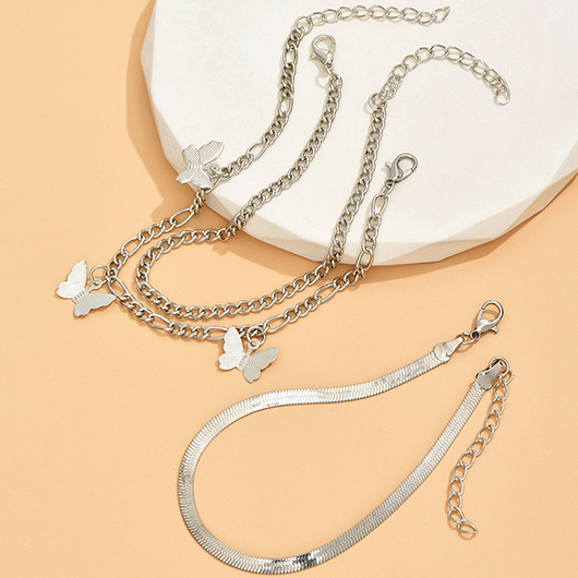 Silvery White jewelry,Animal Print jewelry,Butterfly Silvery White Alloy Anklet Set