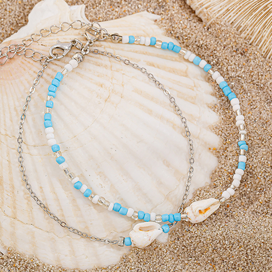 Silvery White jewelry,Cyan jewelry,Contrast Color jewelry,Shell Design Silvery White Polyresin Anklet Set