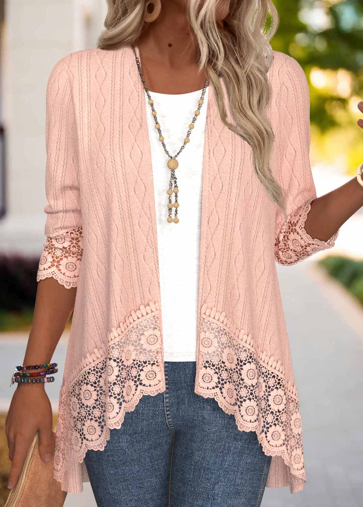 Dusty Pink tops,Plain Color tops,ROTITA Embroidery Dusty Pink 3/4 Sleeve Light Cardigan