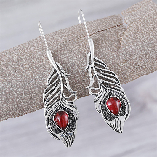 Silvery White jewelry,Red jewelry,Contrast Color jewelry,Silvery White Alloy Feather Design Earrings