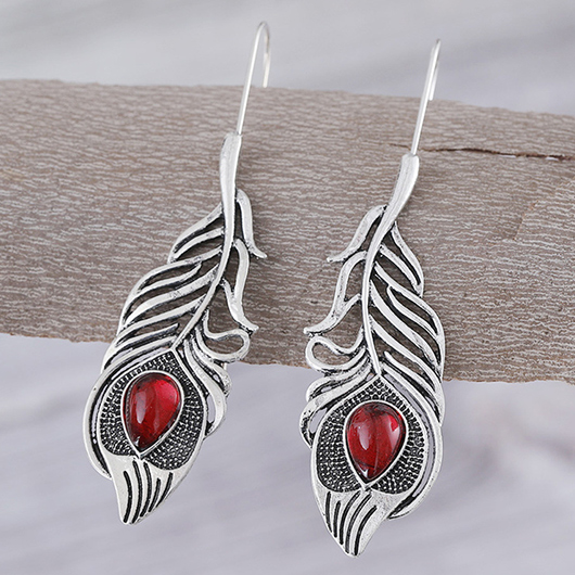 Silvery White jewelry,Red jewelry,Contrast Color jewelry,Silvery White Alloy Feather Design Earrings