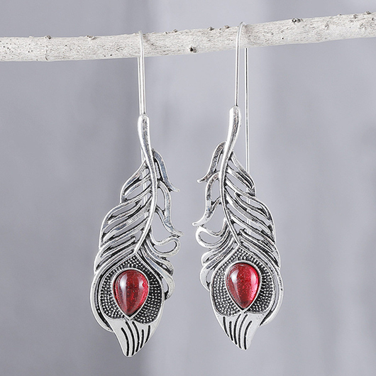 Silvery White jewelry,Red jewelry,Contrast Color jewelry,Silvery White Alloy Feather Design Earrings
