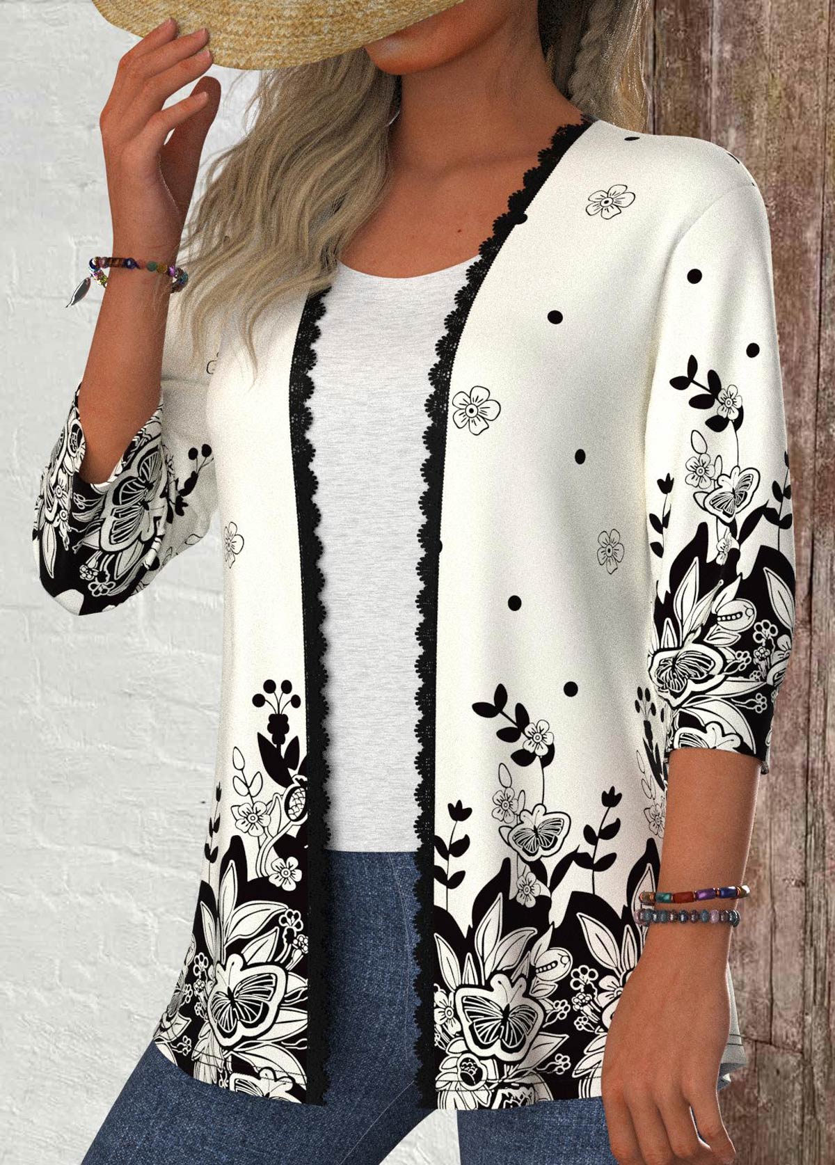 Black tops,Floral tops,Plants tops,Animal Print tops,ROTITA Patchwork Floral Print Black 3/4 Sleeve Light Cardigan