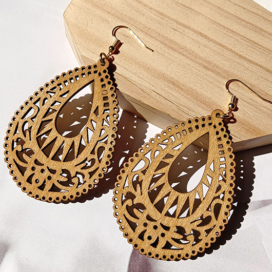 Dark Camel jewelry,Dark Camel Hollow Waterdrop Wood Earrings