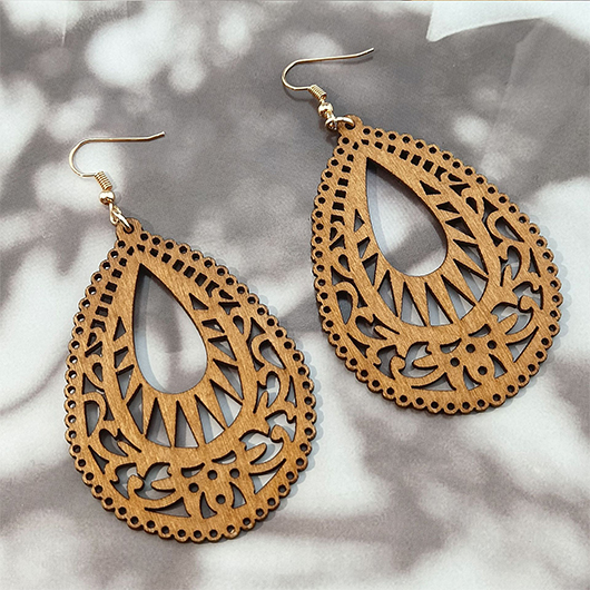 Dark Camel jewelry,Dark Camel Hollow Waterdrop Wood Earrings