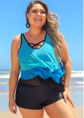 Blue plus size,Contrast Color plus size,ROTITA Plus Size Blue Layered Hem Cross Strap Tankini Top
