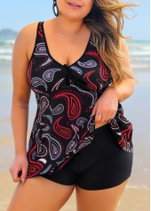 Black plus size,Paisley plus size,ROTITA Cross Strap Paisley Print Black Plus Size Swimdress Top