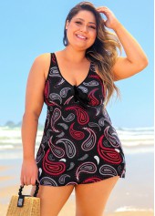 Black plus size,Paisley plus size,ROTITA Cross Strap Paisley Print Black Plus Size Swimdress Top