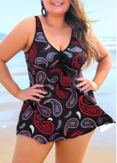 Black plus size,Paisley plus size,ROTITA Cross Strap Paisley Print Black Plus Size Swimdress Top