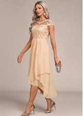 Champagne dresses,Plain Color dresses,Party dresses,Elegant dresses,ROTITA Lace Champagne High Low Round Neck Dress