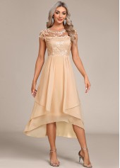 Champagne dresses,Plain Color dresses,Party dresses,Elegant dresses,ROTITA Lace Champagne High Low Round Neck Dress