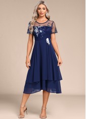 Navy dresses,Plain Color dresses,Party dresses,Elegant dresses,ROTITA Embroidery Navy Round Neck Short Sleeve Dress
