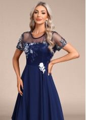 Navy dresses,Plain Color dresses,Party dresses,Elegant dresses,ROTITA Embroidery Navy Round Neck Short Sleeve Dress