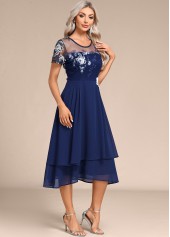 Navy dresses,Plain Color dresses,Party dresses,Elegant dresses,ROTITA Embroidery Navy Round Neck Short Sleeve Dress