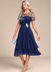 Navy dresses,Plain Color dresses,Party dresses,Elegant dresses,ROTITA Embroidery Navy Round Neck Short Sleeve Dress